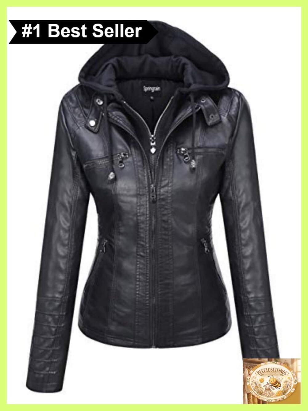 Faux Leather Moto Biker Jacket Hooded Zip Up Coat